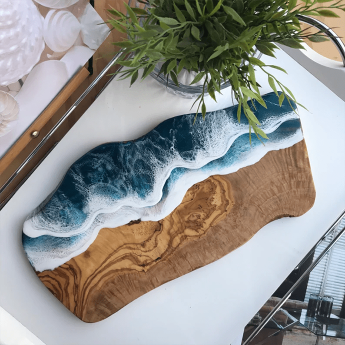 Examples of wood epoxy resin serving and charcuterie boards